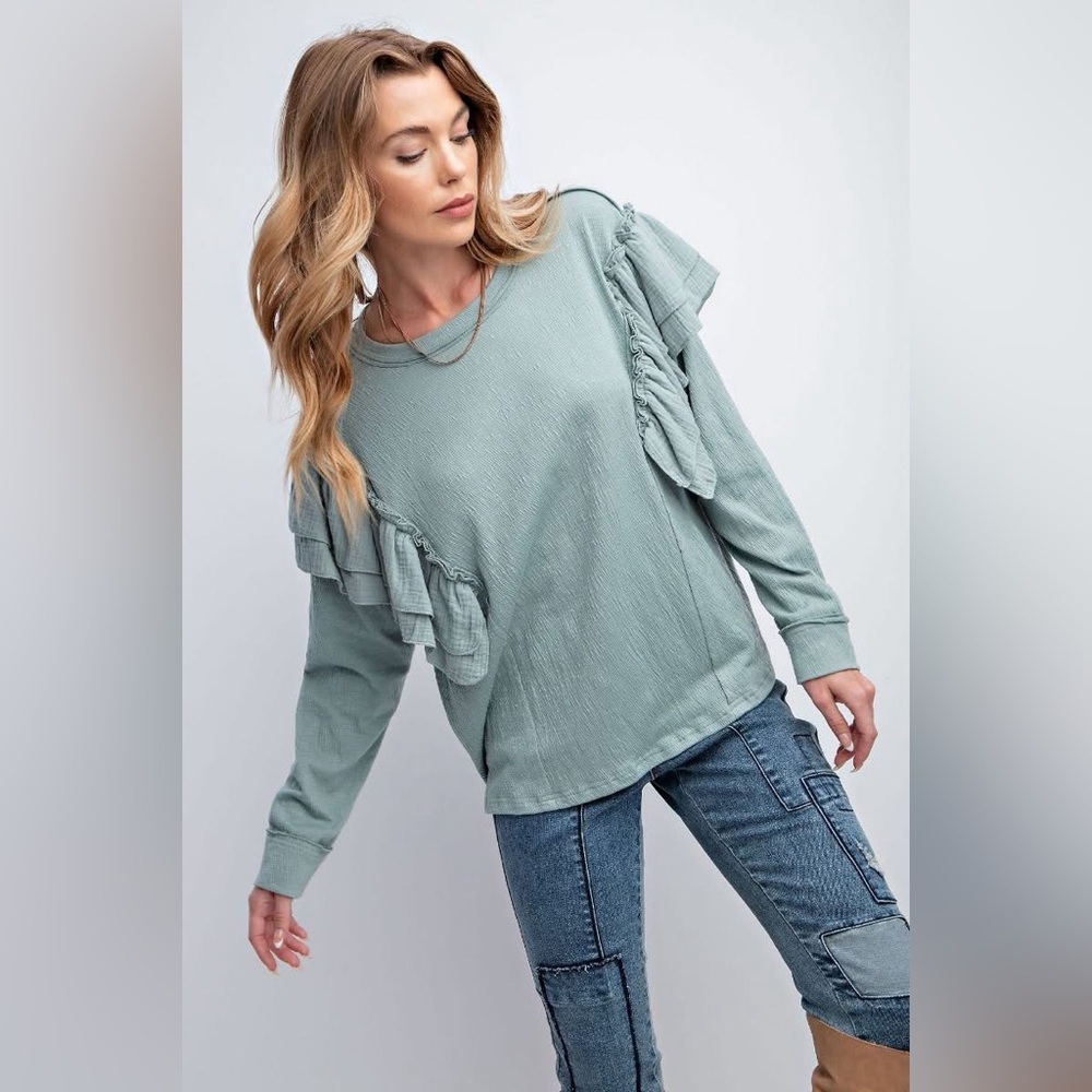 Easel Ruffle Shoulder Top Tunic Sage Green Cotton Gauze Women’s Size Medium